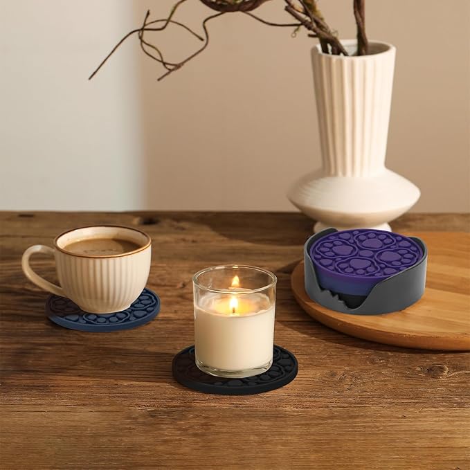 4 Inch Round Silicone Coasters Set of 6 (Black, Blue, Purple), Non-Slip Drink Coaster Set for Coffee Tables & Desks, Heat-Resistant Table Protection Mats for Home, Kitchen, Living Room, Office