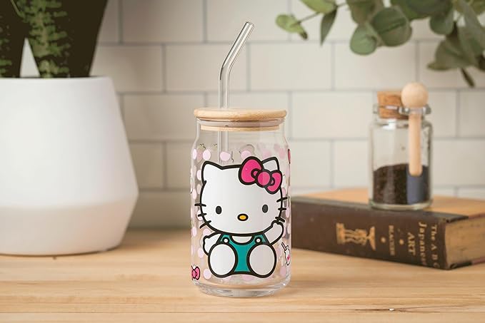 Silver Buffalo Sanrio Hello Kitty Strawberry Milk Bow Pink Polka Dot Glass Jar Tumbler with Bamboo Lid and Glass Straw, 16 Ounces (Pack of 12)