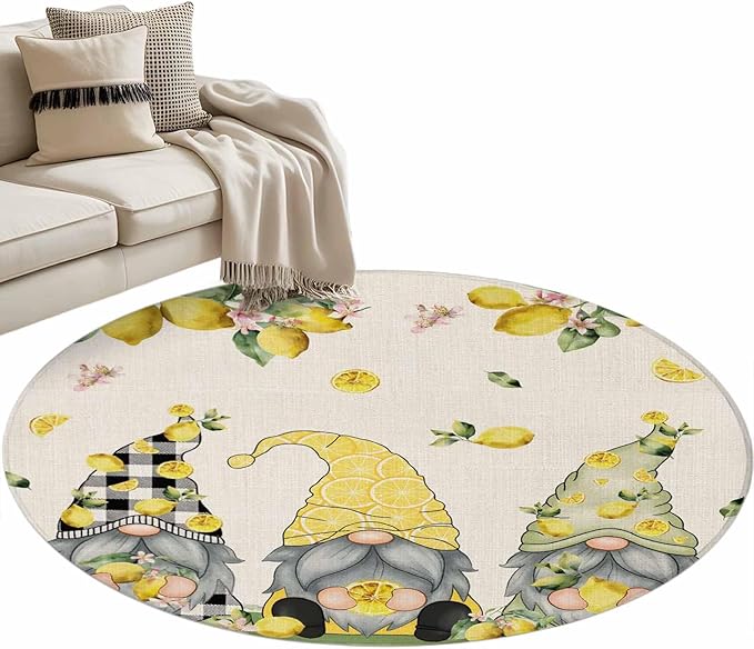 Washable Round Area Rug Summer Gnome with Lemon Circle Rugs Floor Carpet for Living Room Bedroom, Farmhouse Dwarf Fruit on Linen Soft Non Slip Round Rug 3ft