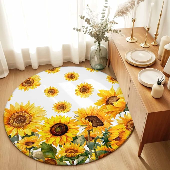 Washable Round Area Rug Summer Pastoral Sunflower Circle Rugs Floor Carpet for Living Room Bedroom, Farmhouse Yellow Flower Soft Non Slip Round Rug 3ft