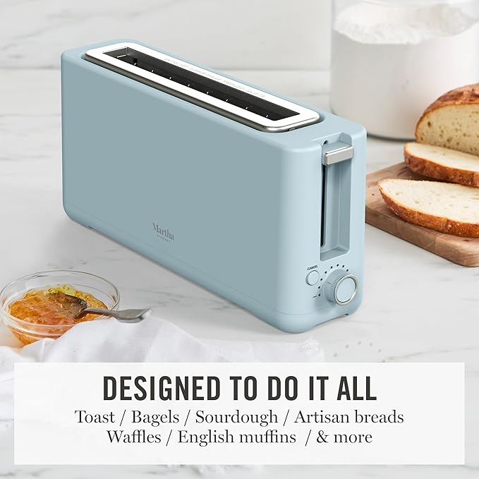 Martha Stewart 2 Slice Long Slot Toaster, Extra Wide for Sourdough & Bagels, 10 Setting Shade Control, Removable Crumb Tray, Self-Centering Design, Defrost/Reheat, Cancel, Slim Space-Saving, Sky Blue