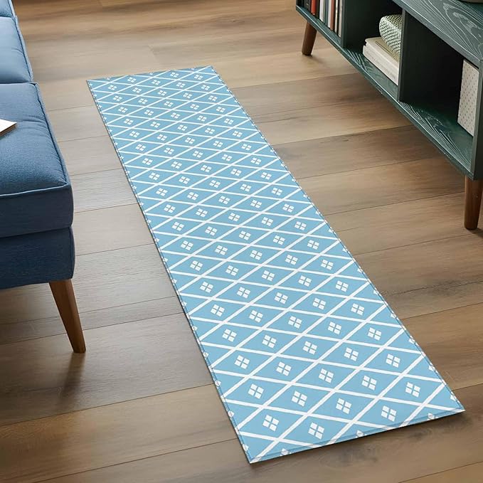 Runner Rug for Bedroom Hallway, Boho Blue White Plaid Line Kitchen Runner Rugs Area Rug 2x6ft, Abstract Geometric Diamond Washable Soft Floor Carpet for Entryway Stair