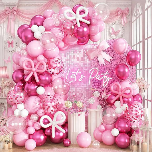 Pink Balloon Garland Arch Kit, 103 PCS Metallic Hot Light Baby Pink and Clear Balloon Bow Balloons for Girls Birthday Princess Baby Shower Wedding Party Decorations