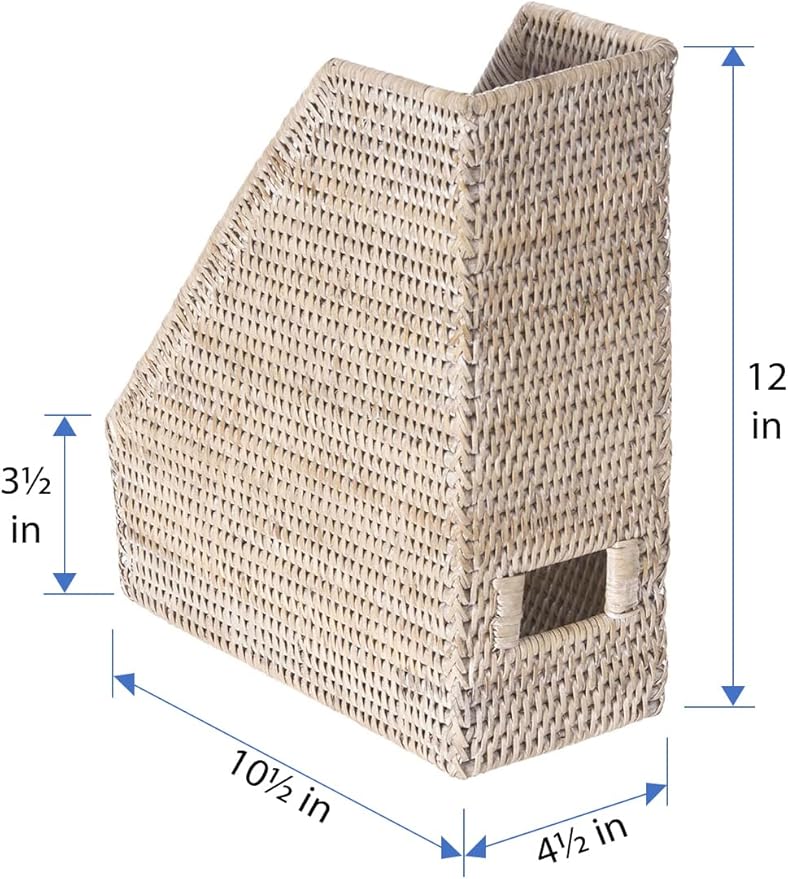 KOUBOO La Jolla Rattan Magazine File, Paper Holder, Desk Basket, Decorative Rack, Book Bin, Office Folder, Desk Organizer, White Wash