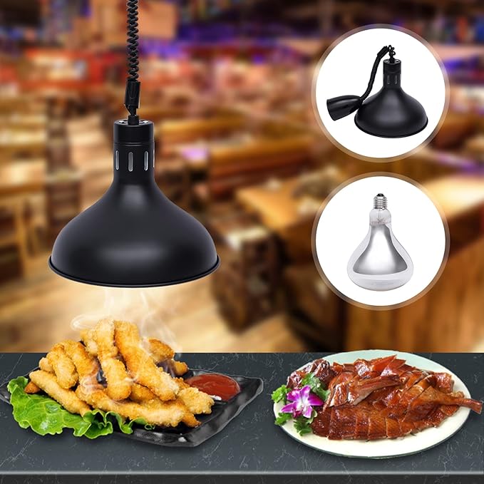 250W Commercial Hanging Food Heat Lamp, 110V Ceiling Mounted Infrared Food Warmer Light, 122℉ Retractable Warming Lamp for Restaurant Buffet Kitchen Cafeteria Hotel and Home Use(Black)