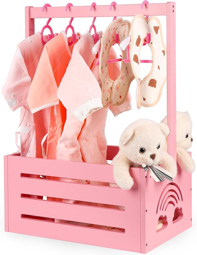 Wooden Baby Shower Crate Closet – with Handle, Smooth Surface & Round Edges – Textured Natural Wood - New Born Welcome Gift Hamper for Boys & Girls - Pregnancy Gifts for New Parents (Baby Pink)