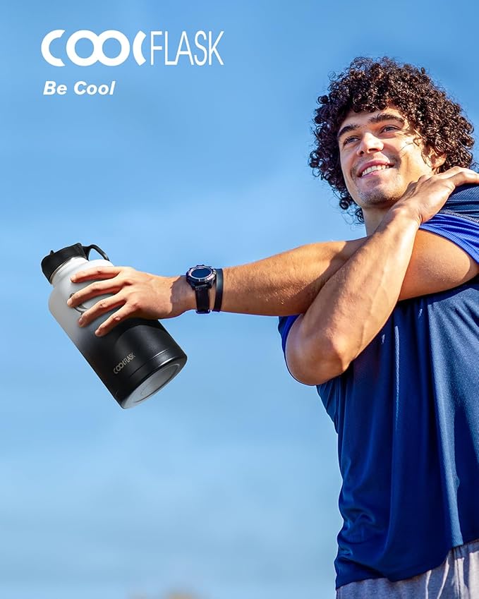 Coolflask Half Gallon Water Bottle Insulated with Straw & 3 Lids, 64 oz Water Jug Large Metal Stainless Steel Wide Mouth for Sports, Gym or Office, Non-BPA Keep Cold 48H Hot 24H, White & Black