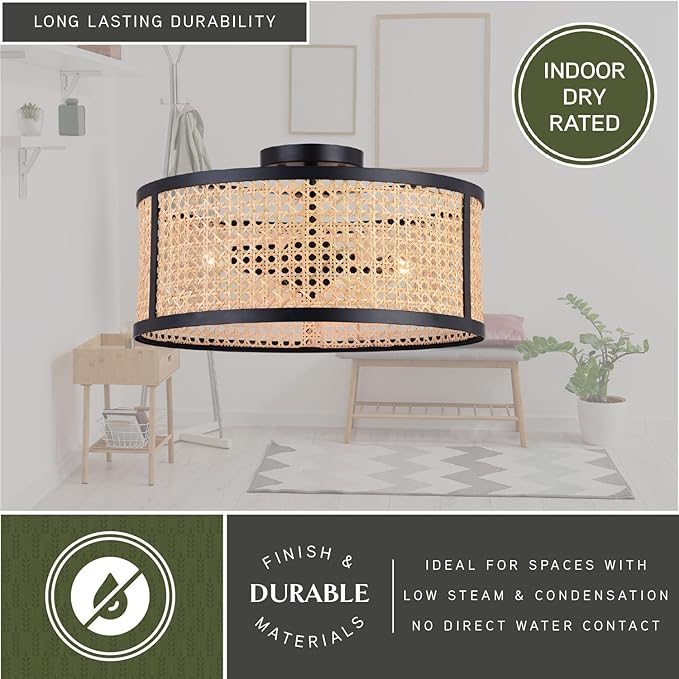 VAXCEL Berens 15.5-in W Matte Black Modern Farmhouse Drum Semi Flush Mount Ceiling Light with Rattan Cane Shade
