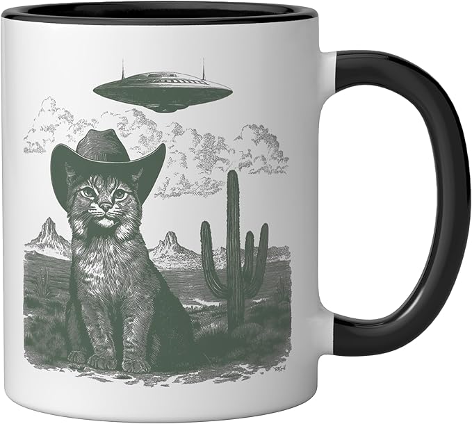 Feline in Hat UFO Sighting Arid Wilderness Cat Design Ceramic Mug, Black/White
