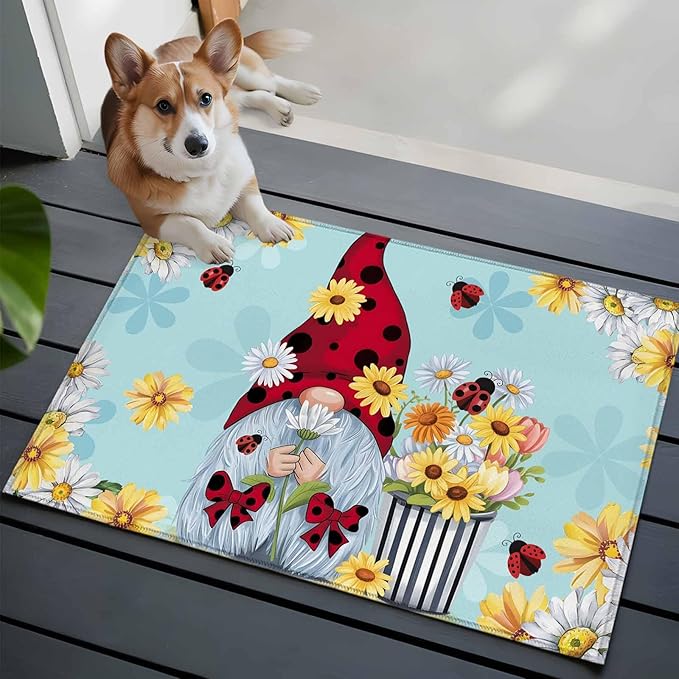 Area Rug 2x3ft, Summer Ladybug Gnome Daisy Flower Washable Rugs for Living Room Bedroom, Watercolor Bloom Floral on Blue Soft Non-Slip Area Rugs Rectangle Floor Carpet for Dining Room