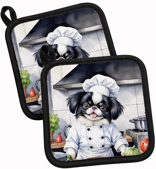 Caroline's Treasures Japanese Chin The Chef Pair of Pot Holders Kitchen Heat Resistant Pot Holders Sets Oven Hot Pads for Cooking Baking BBQ, 7 1/2 x 7 1/2