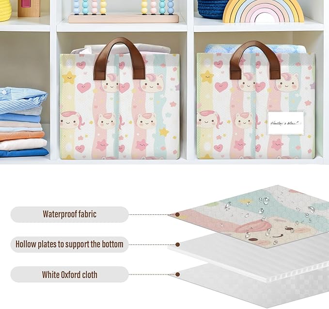 Collapsible Storage Basket With Handles Cartoon Unicorn Lovely Stripes Medium Storage Box for Clothes Organizing Waterproof Foldable Storage Bins 1 Piece