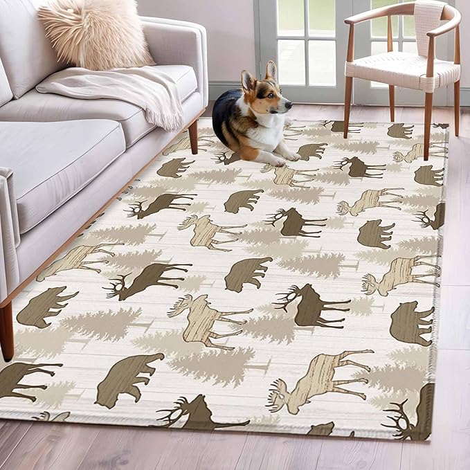 Area Rug 4x6ft, Animal Moose Bears Washable Rugs for Living Room Bedroom, Retro Rustic Pine Trees Soft Non-Slip Area Rugs Rectangle Floor Carpet for Dining Room