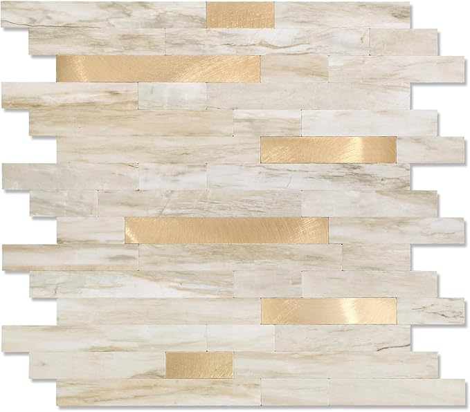 Yipscazo 10 Sheets Peel and Stick Stone Metal Tile Backsplash, Stick on Tiles for Backsplash Kitchen, Bathroom, Laundry Room, Camper, Fireplace (12'' X 12'', Beige Stone with Gold)