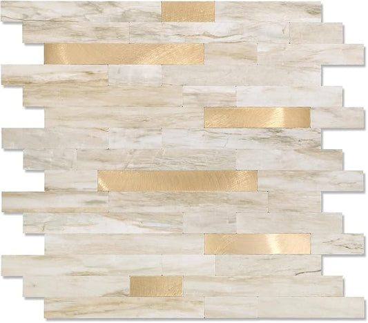Yipscazo 20 Sheets Peel and Stick Stone Metal Tile Backsplash, Stick on Tiles for Backsplash Kitchen, Bathroom, Laundry Room, Camper, Fireplace (12'' X 12'', Beige Stone with Gold)