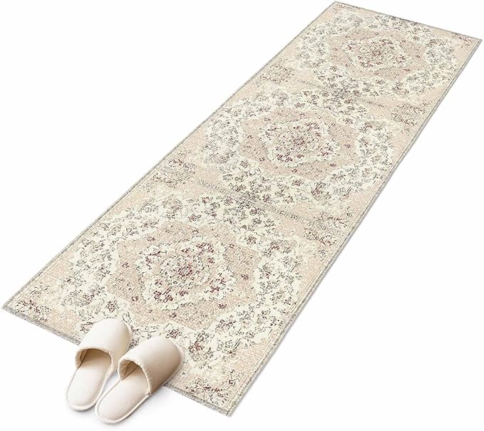 Beige Boho 2x6 Kitchen Runner Rug, Vintage Ethnic Floral Non-Skid Rubber Backing Large Rectangle Rugs - Living Room Bedroom Home Office, Abstract Art Geometric Indoor Floor Mat Carpets Washable Rug