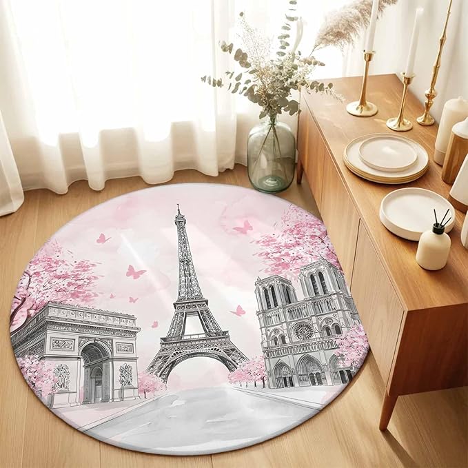 Washable Round Area Rug Modern Pink Flower Paris Landmarks Circle Rugs Floor Carpet for Living Room Bedroom, Towel Architecture Soft Non Slip Round Rug 3ft