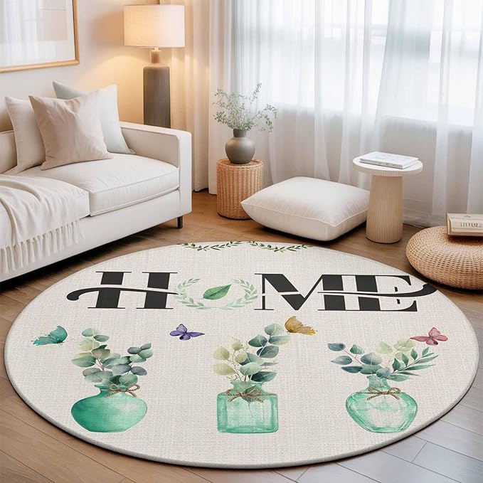 Washable Round Area Rug Rustic Home Text Eucalyptus Leaf Circle Rugs Floor Carpet for Living Room Bedroom, Farmhouse Butterfly Retro Linen Soft Non Slip Round Rug 5ft