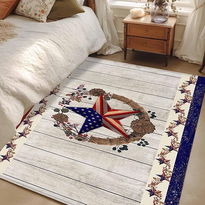 Area Rug 3x5ft, Retro USA Flag Star and Berry Washable Rugs for Living Room Bedroom, Wooden Texture Soft Non-Slip Area Rugs Rectangle Floor Carpet for Dining Room