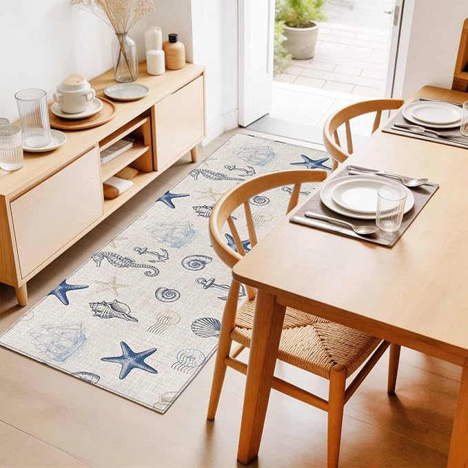 Runner Rug for Bedroom Hallway, Coastal Seahorse Starfish Shell Conch Kitchen Runner Rugs Area Rug 2x6ft, Vintage Nautical Anchor Washable Soft Floor Carpet for Entryway Stair