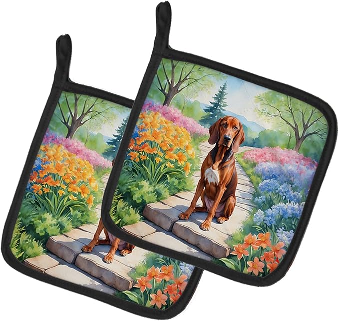 Caroline's Treasures Redbone Coonhound Spring Path Pair of Pot Holders Kitchen Heat Resistant Pot Holders Sets Oven Hot Pads for Cooking Baking BBQ, 7 1/2 x 7 1/2