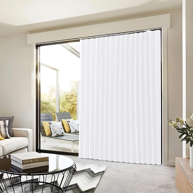 NICETOWN Patio Sliding Door Curtain 100W x 84L, Thermal Pleated Curtain for Sliding Glass Door, Room Divider Privacy Panel with 21 Stainless Rings for Bedroom, Living Room, Pure White, 1 PC
