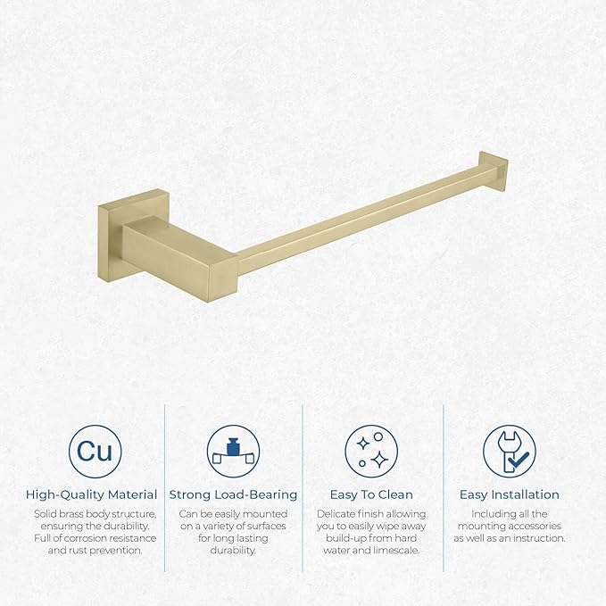KIBI Cube 10 Inch Hand Towel Bar | Solid Brass Wall Mounted Bathroom Towel Holder for Small Spaces | Modern & Durable Design | Rust-Resistant Finish (Brushed Gold, KBA1503)