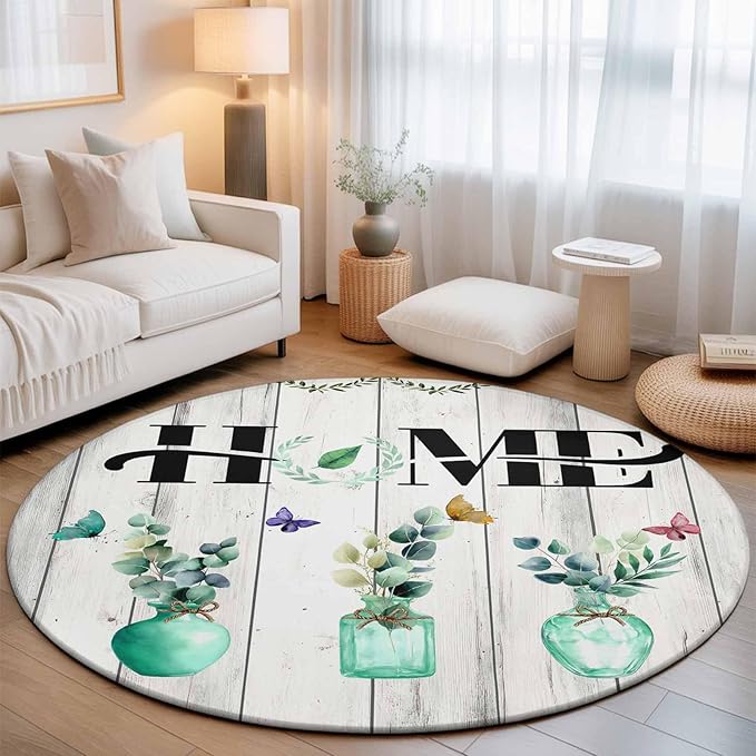 Washable Round Area Rug Summer Eucalyptus Leaf Colorful Butterfly Circle Rugs Floor Carpet for Living Room Bedroom, Home Text Wood Plank Soft Non Slip Round Rug 5ft