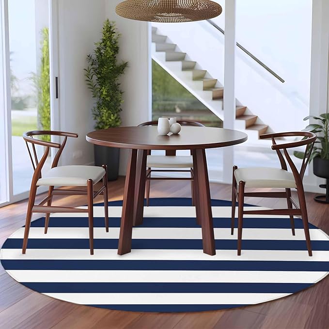 Washable Round Area Rug Nautical Black and White Stripes Circle Rugs Floor Carpet for Living Room Bedroom, Striped Soft Non Slip Round Rug 5ft