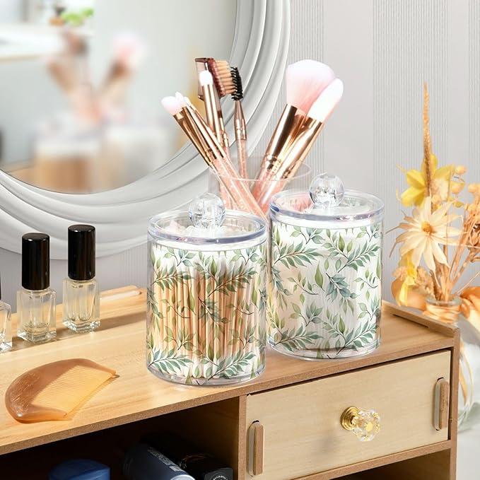 Bathroom Canister Set of 2, Green Leaf Plant Summer Clear Plastic Jars Holder Dispenser Farmhouse Sugar Storage Countertop With Airtight Lids, Kitchen Theme Decor