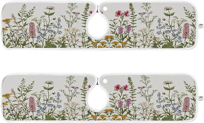 Kitchen Faucet Absorbent Mat, Herbs Wild Flowers Plant Water Splash Guard for Sink, Faucet Drip Catcher Thicken Sponge Microfiber Faucet Water Catcher Mat Sink Absorbent Mat for Kitchen 14x5in 2 Pack