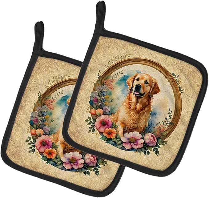 Caroline's Treasures Golden Retriever and Flowers Pair of Pot Holders Kitchen Heat Resistant Pot Holders Sets Oven Hot Pads for Cooking Baking BBQ, 7 1/2 x 7 1/2