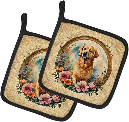 Caroline's Treasures Golden Retriever and Flowers Pair of Pot Holders Kitchen Heat Resistant Pot Holders Sets Oven Hot Pads for Cooking Baking BBQ, 7 1/2 x 7 1/2