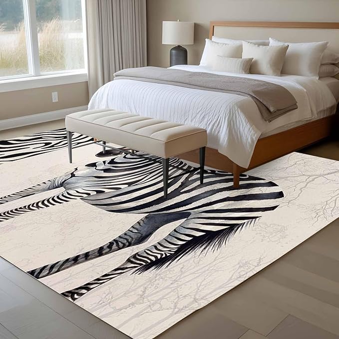 Area Rug 6x9ft, Zebra Black Stripe Animal Portrait Washable Rugs for Living Room Bedroom, Vintage Tree Branch Soft Non-Slip Area Rugs Rectangle Floor Carpet for Dining Room