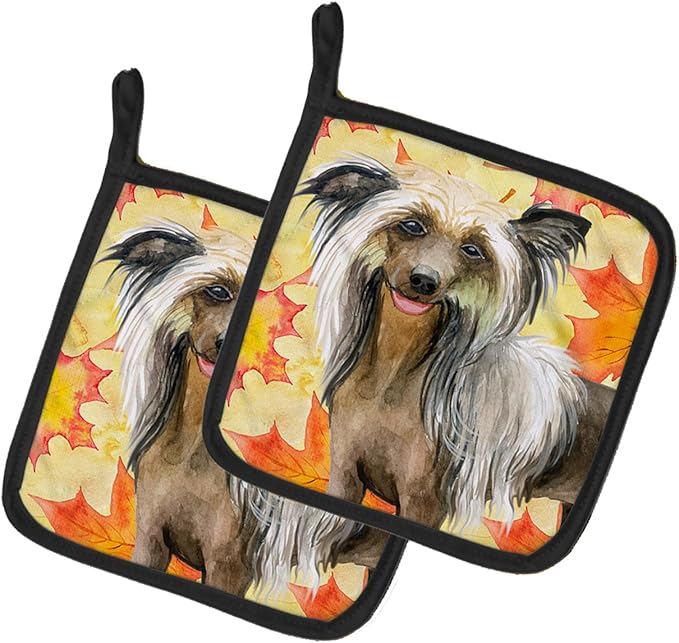 Caroline's Treasures BB9920PTHD Chinese Crested Fall Pair of Pot Holders, Yellow Kitchen Heat Resistant Pot Holders Sets Oven Hot Pads for Cooking Baking BBQ, 7 1/2 x 7 1/2