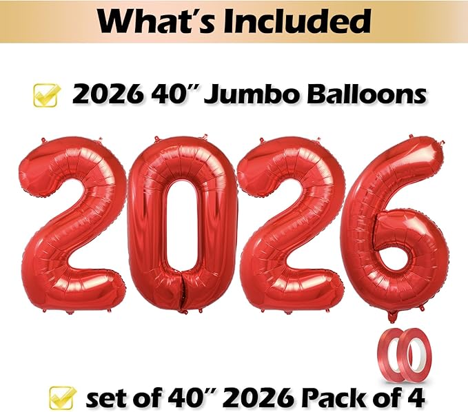 40 Inch 2026 Pack of 4 Red Big Helium Foil Balloon Numbers Large Mylar Number for Christmas New Year's Eve Party Graduation Birthday