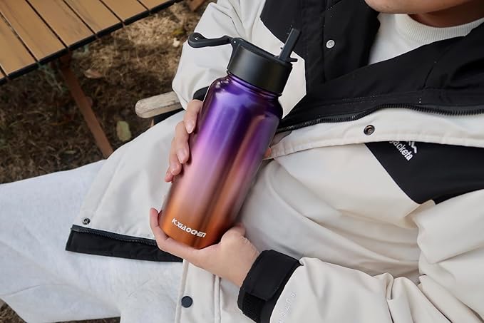 KXIAOCHEN Insulated Water Bottle, Stainless Steel Water Bottle, 2 Lids (Straw and Handle Lid),Wide Mouth Metal Water Bottles Keep Hot and Cold, Double Walled, Thermo Mug, Metal Canteen