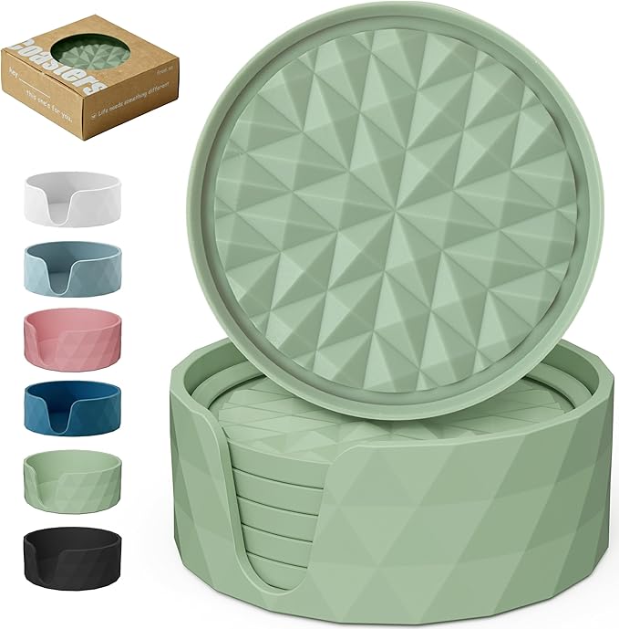Silicone Coasters for Drinks[6 Pack, Sage Green] Diamond Design Cup Mat with Holder for Tabletop Protection Non Slip, Non Stick, Coffee Table Decor, Great Gift for Any Occasion