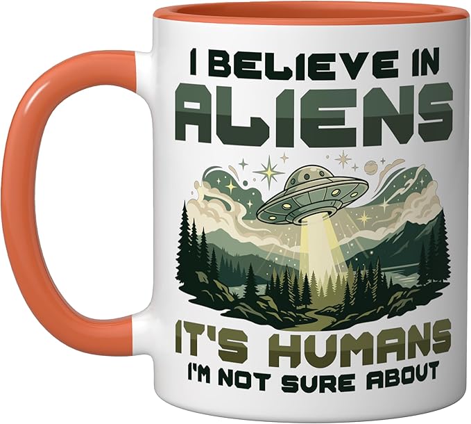 Alien Believer UFO Extraterrestrial Space Lover Ceramic Mug, Orange/White