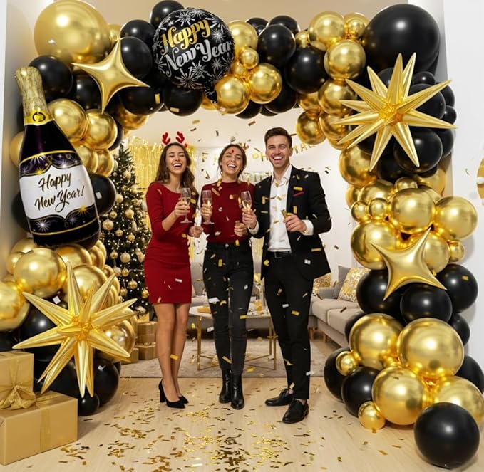 Black and Gold Balloons Garland Arch Kit - Different Size Balloons Gold Fringe Curtain Backdrop for Graduation Birthday Anniversary New Years Theme Party Decorations