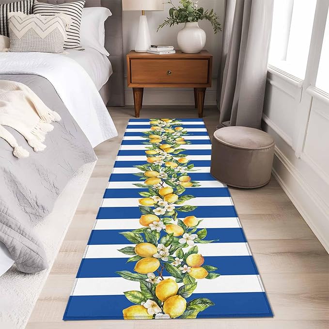 Runner Rug for Bedroom Hallway, Summer Lemon Green Leaves Watercolor Kitchen Runner Rugs Area Rug 2x6ft, Blue Stripe Washable Soft Floor Carpet for Entryway Stair