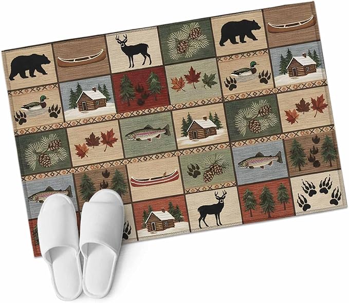 Area Rug 2x3ft, Vintage Bear Forest Deer Fish Village Washable Rugs for Living Room Bedroom, Retro Wildlife Themes Soft Non-Slip Area Rugs Rectangle Floor Carpet for Dining Room