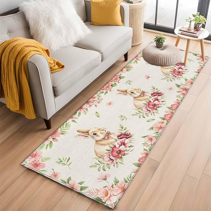 Runner Rug for Bedroom Hallway, Retro Easter Rabbit on Linen Kitchen Runner Rugs Area Rug 2x6ft, Spring Pastoral Pink Flower Leaf Washable Soft Floor Carpet for Entryway Stair
