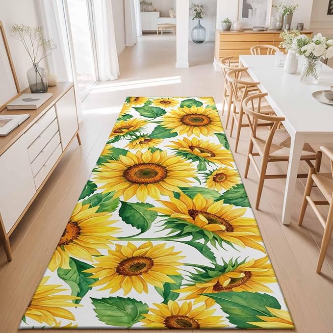 Runner Rug for Bedroom Hallway, Summer Garden Sunflower Leaves Kitchen Runner Rugs Area Rug 2x6ft, Farm Blossom Floral Washable Soft Floor Carpet for Entryway Stair