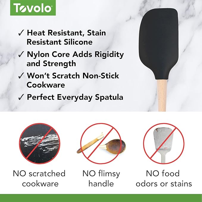 Tovolo Silicone Spatula Wooden Handle for Cooking Baking Mixing, Heat Resistant Food Safe BPA Free Flexible Silicone Baking Spatula with Wood Handles Kitchen Utensils Nonstick Safe, Black