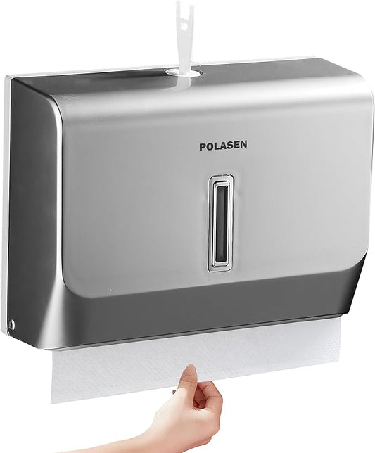 Paper Towel Dispenser Wall Mount Silver Upgraded Plastic Thickness for Universal 10” Multifold Trifold Z Fold Hand Towel Tissue Holder with Lock for Commercial Restroom Bathroom