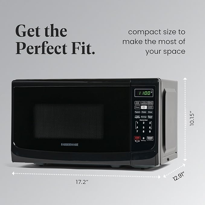 Farberware 0.7 Cu. Ft. Countertop Microwave Oven – 700 Watts Power, Auto Cook Settings, Defrost, Easy Clean and Child Safety Lock - Black