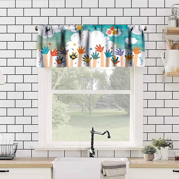Children's Day Valance Curtain, Cartoon Handprint Birds Blue Sky Clouds Window Drapes for Kids Bedroom Living Room Classroom Home Decor, 54x18Inch