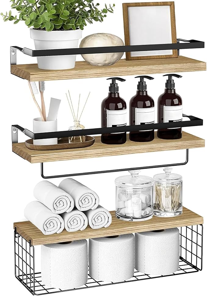 Upgrade Towel Racks for Bathroom Wall Mounted, 3 Pack Floating Shelves with Storage Basket, Bathroom Organizes, Wall Mounted Rustic Wood Shelves for Bedroom, Living Room, Kitchen (Yellow)