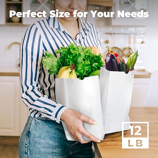 Fit Meal Prep 150 Pack 12 lb White Paper Lunch Bags, 13 x 7 x 4.5" Durable Paper Bags Bulk for Packing, Delivery, Take Out, Grocery, Retail Shopping, Premium Sack for Snacks, Bakery